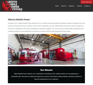 Immense, bright red mobile electrical generators effectively highlight the About Us page developed for AMPS by Industrial NetMedia in Nisku