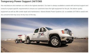 An AMPS truck pulling a trailer-mounted portable generator is central to the Services page on their website created by INM of Nisku